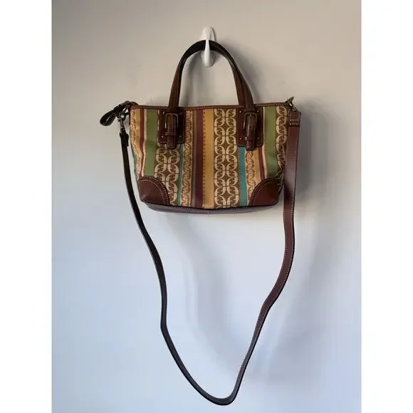 Fossil Striped Canvas Handbag Leather Trim Handles Shoulder Strap 9x7”​ - Picture 3 of 12